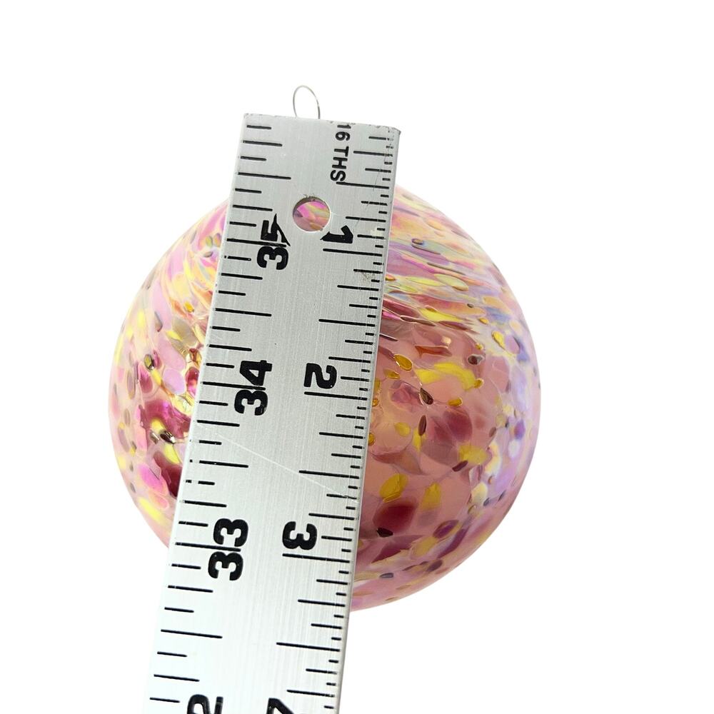 Hand Blown Art Glass Christmas Ball Ornament Pink Yellow Confetti 3" Suncatcher - Picture 5 of 5
